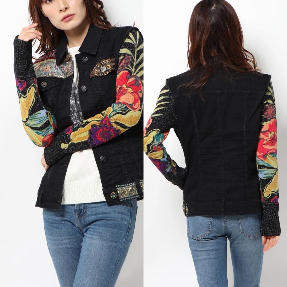Desigual Claudia Patchwork Denim Jacket | Embroidered Boho Floral Size 34 XS